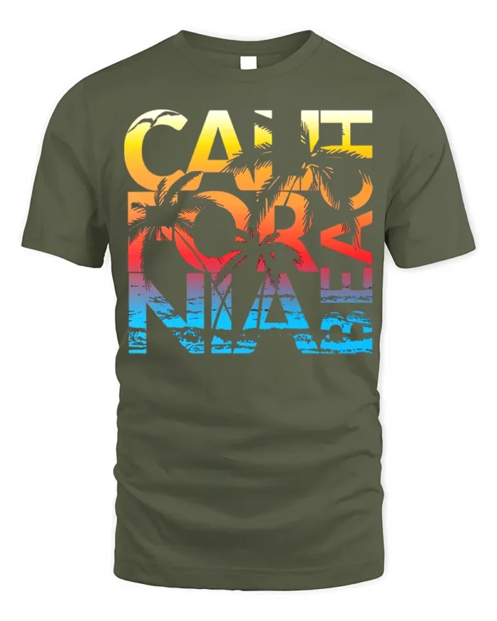 California Beach Sunset T-Shirt with Palm Tree Graphic - military green t-shirt on white background
