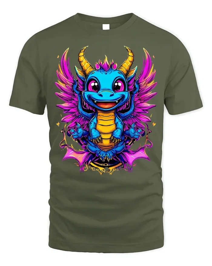 Cute Neon Baby Dragon T-Shirt with Colorful Wings Art - military green t-shirt on white background