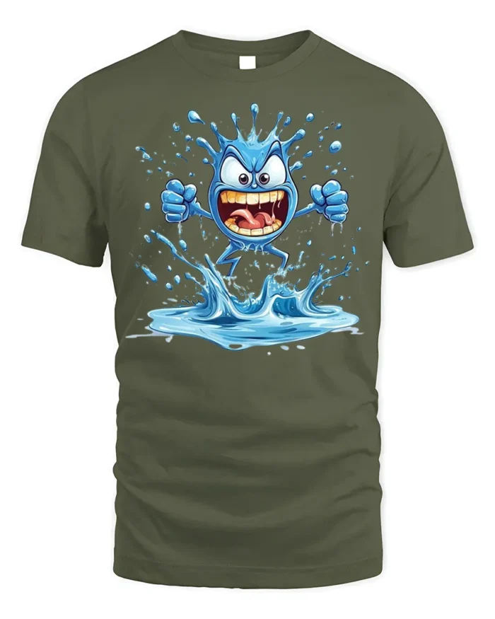 Crazy Splash Water Monster Cartoon Graphic T-Shirt Funny - military green t-shirt on white background