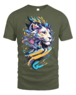 Abstract Neon Lion T-Shirt for Men Women Bold Art Print - military green t-shirt on white background