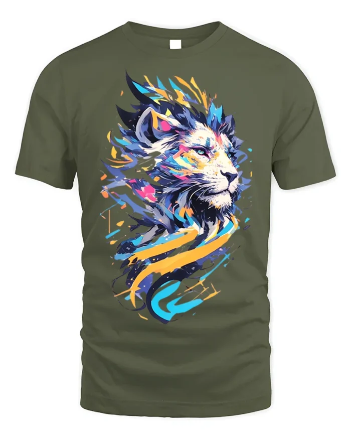 Abstract Neon Lion T-Shirt for Men Women Bold Art Print - military green t-shirt on white background