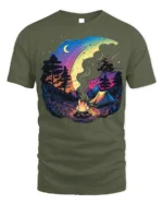 Colorful Night Camping T-Shirt with Moon and Campfire Art - military green t-shirt on white background