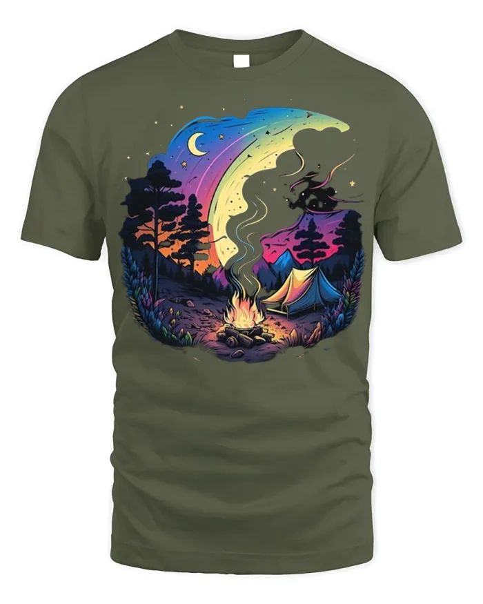 Colorful Night Camping T-Shirt with Moon and Campfire Art - military green t-shirt on white background
