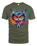 Color Splash Owl T-Shirt with Vibrant Artistic Design - military green t-shirt on white background
