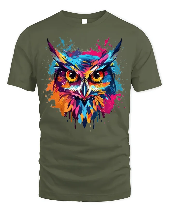 Color Splash Owl T-Shirt with Vibrant Artistic Design - military green t-shirt on white background