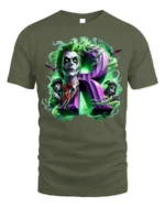Green Haired Gothic Clown T-Shirt with Purple R Horror Art - military green t-shirt on white background