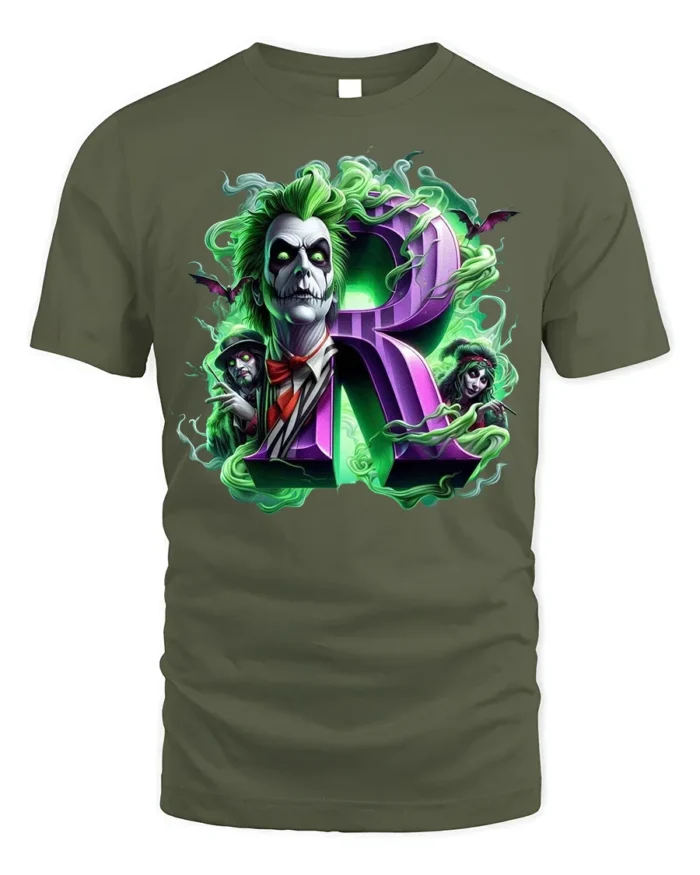Green Haired Gothic Clown T-Shirt with Purple R Horror Art - military green t-shirt on white background