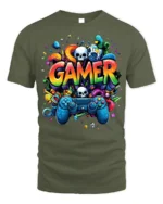 Colorful Gamer T-Shirt with Controller and Skull Graphics - military green t-shirt on white background