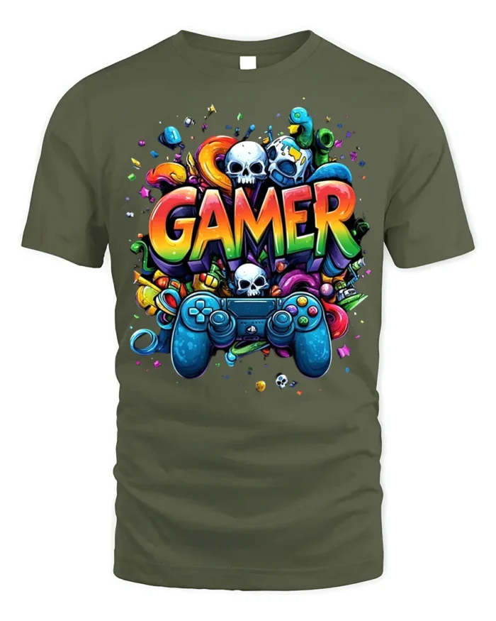 Colorful Gamer T-Shirt with Controller and Skull Graphics - military green t-shirt on white background