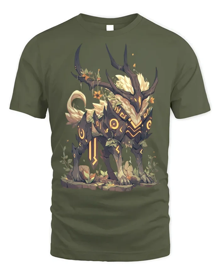 Mythic Forest Guardian Creature T-Shirt for Fantasy Lovers - military green t-shirt on white background