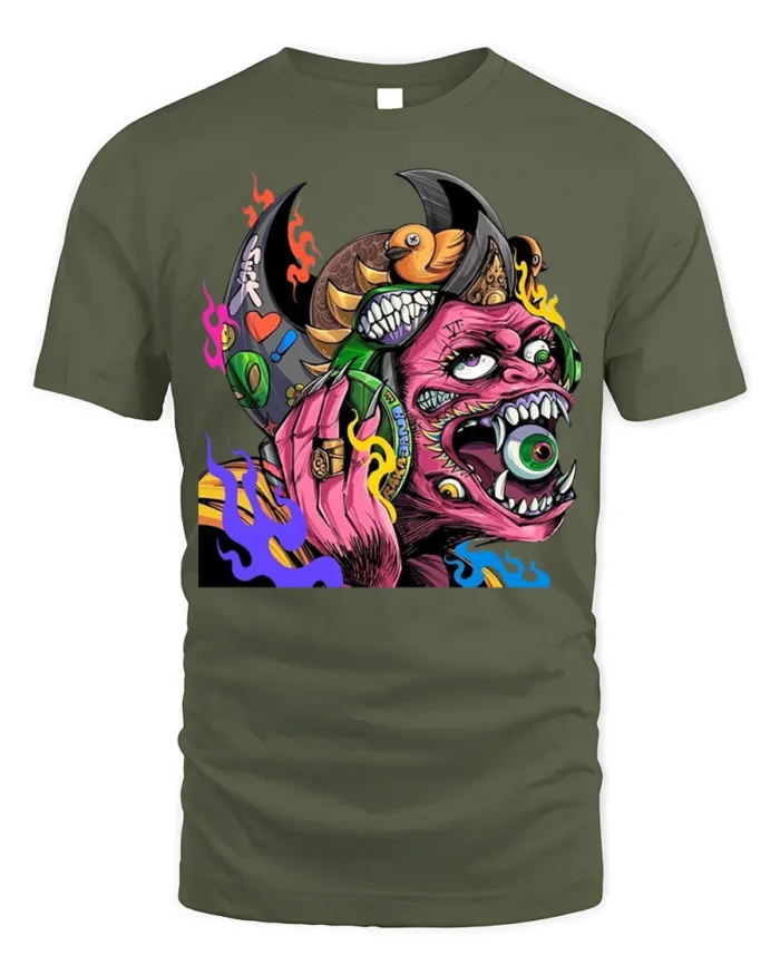 Psychedelic Monster T-Shirt with Eye-Popping Demon Art - military green t-shirt on white background