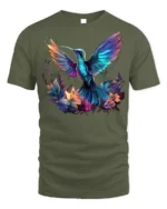 Vibrant Hummingbird and Flowers T-Shirt for Nature Lovers - military green t-shirt on white background