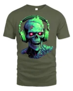 Neon Zombie Skull T-Shirt with Headphones Horror Design - military green t-shirt on white background