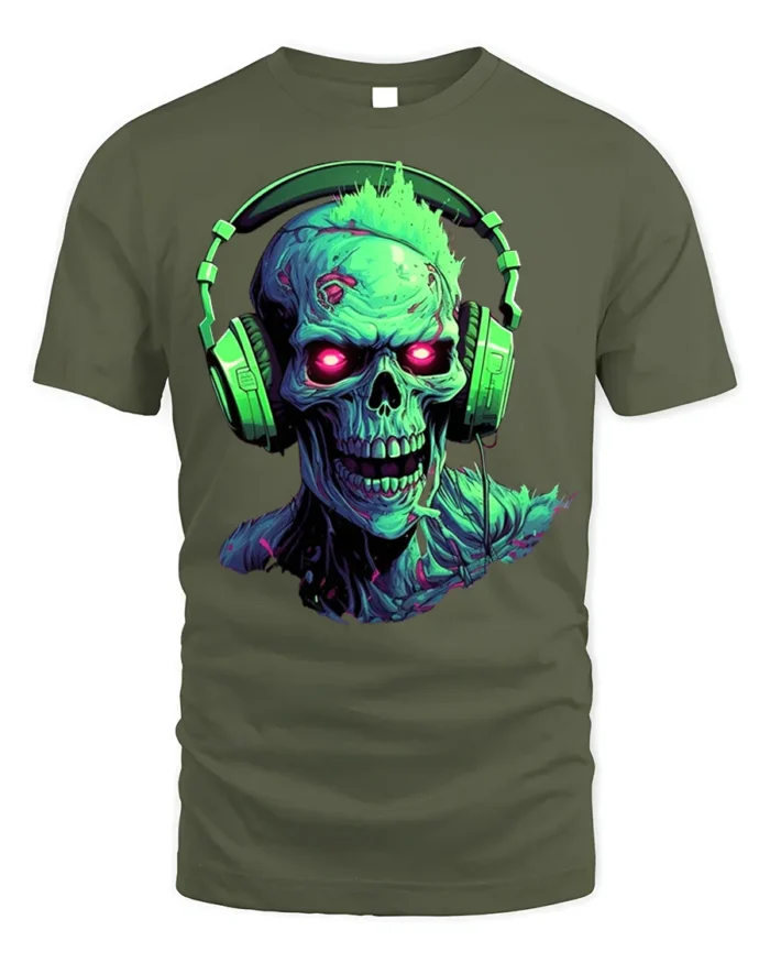 Neon Zombie Skull T-Shirt with Headphones Horror Design - military green t-shirt on white background