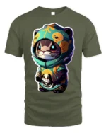 Cute Otter Hoodie T-Shirt with Cartoon Kawaii Animal Art - military green t-shirt on white background