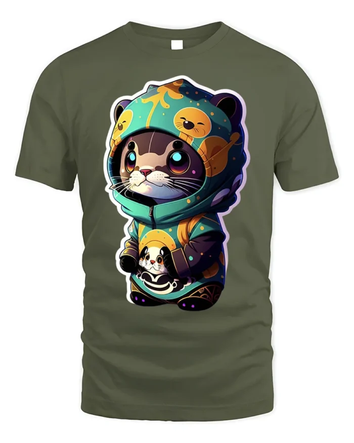 Cute Otter Hoodie T-Shirt with Cartoon Kawaii Animal Art - military green t-shirt on white background