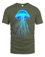 Glowing Blue Jellyfish T-Shirt for Ocean and Sea Lovers - military green t-shirt on white background