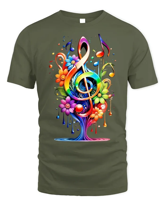 Rainbow Music Tree T-Shirt with Colorful Floral Notes - military green t-shirt on white background