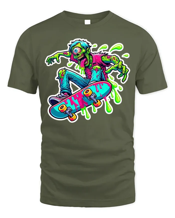 Zombie Skater T-Shirt with Neon Colors and Slime Graphic - military green t-shirt on white background