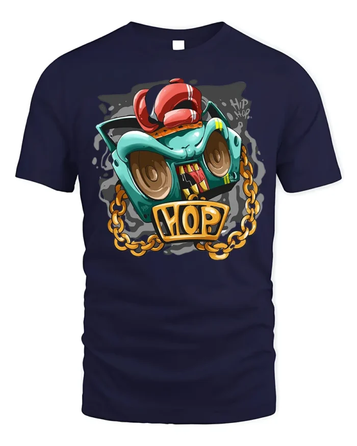 Hip Hop Boombox Graphic T-Shirt with Gold Chain Art - navy t-shirt on white background