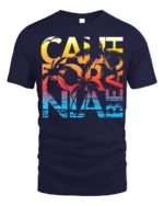 California Beach Sunset T-Shirt with Palm Tree Graphic - navy t-shirt on white background