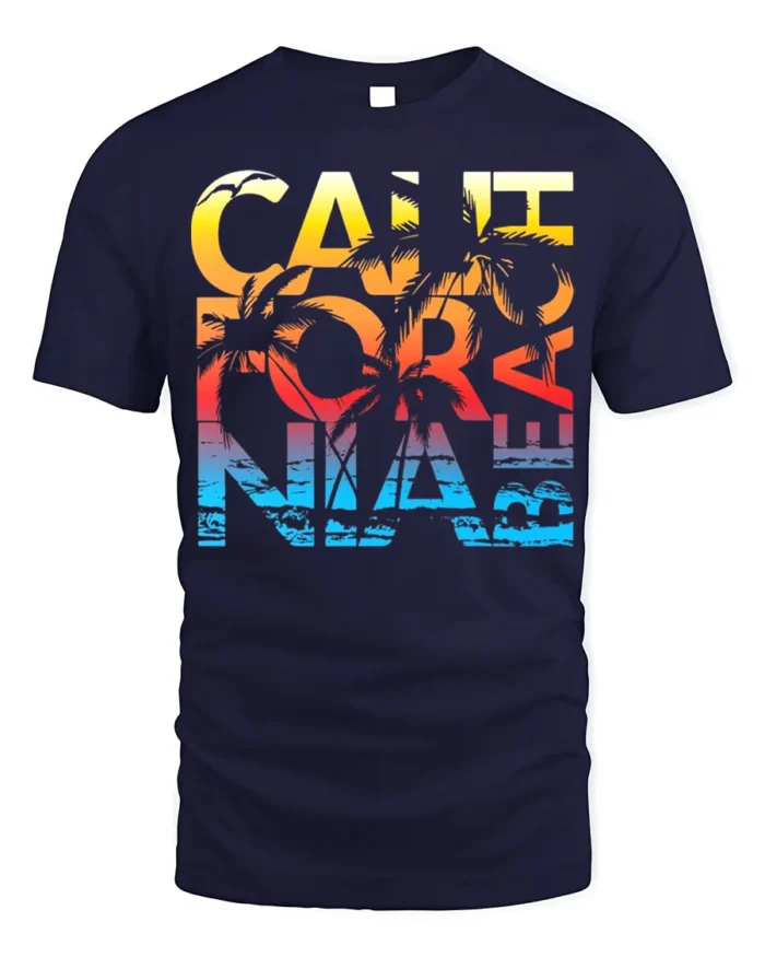 California Beach Sunset T-Shirt with Palm Tree Graphic - navy t-shirt on white background