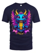 Cute Neon Baby Dragon T-Shirt with Colorful Wings Art - navy t-shirt on white background