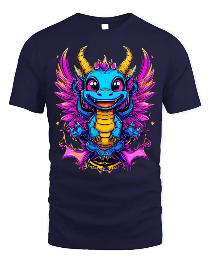 Cute Neon Baby Dragon T-Shirt with Colorful Wings Art - navy t-shirt on white background