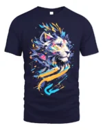 Abstract Neon Lion T-Shirt for Men Women Bold Art Print - navy t-shirt on white background
