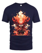 Fire Demon Chibi Warrior T-Shirt Anime Flame Art Design - navy t-shirt on white background