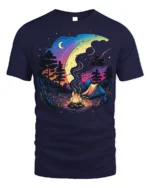 Colorful Night Camping T-Shirt with Moon and Campfire Art - navy t-shirt on white background