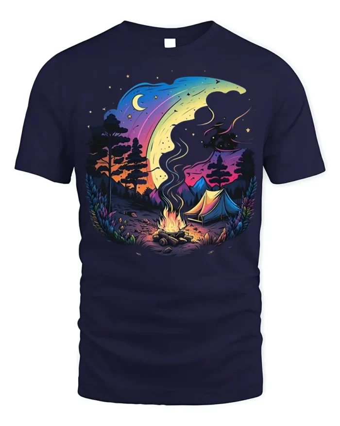 Colorful Night Camping T-Shirt with Moon and Campfire Art - navy t-shirt on white background