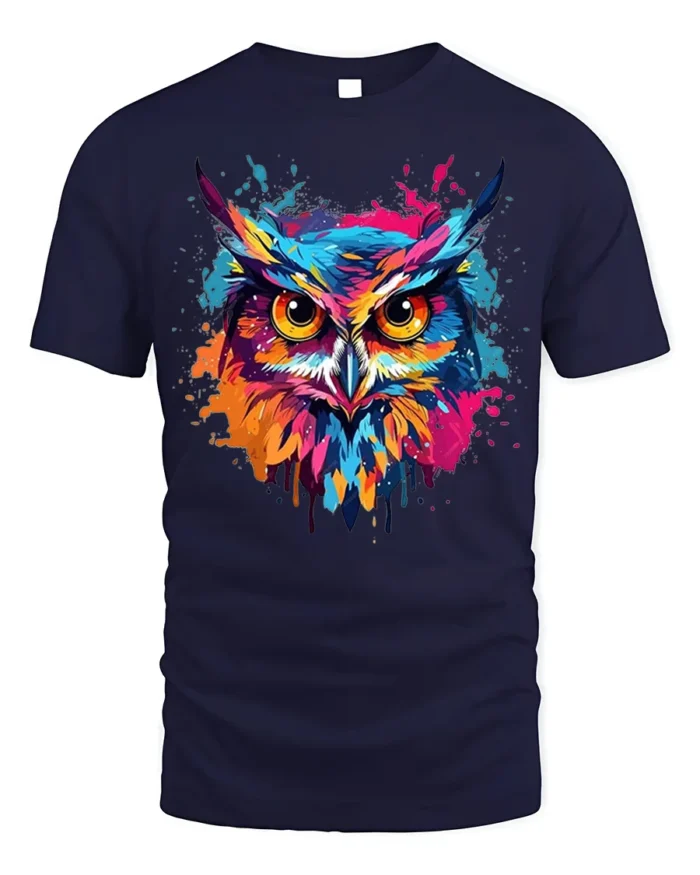Color Splash Owl T-Shirt with Vibrant Artistic Design - navy t-shirt on white background