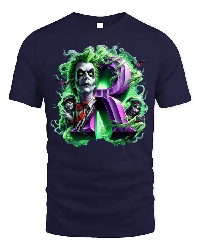 Green Haired Gothic Clown T-Shirt with Purple R Horror Art - navy t-shirt on white background