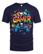 Colorful Gamer T-Shirt with Controller and Skull Graphics - navy t-shirt on white background