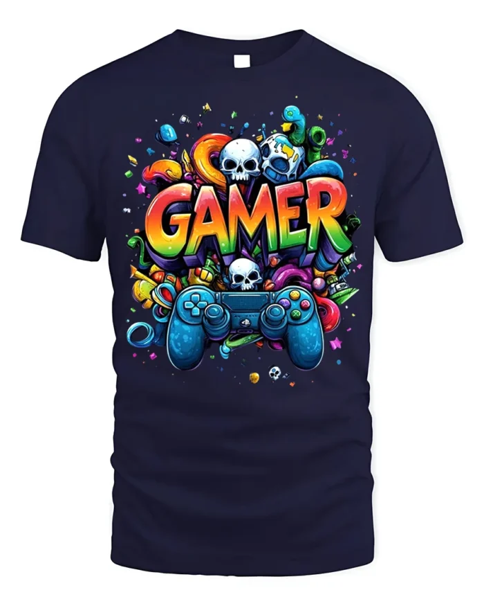 Colorful Gamer T-Shirt with Controller and Skull Graphics - navy t-shirt on white background