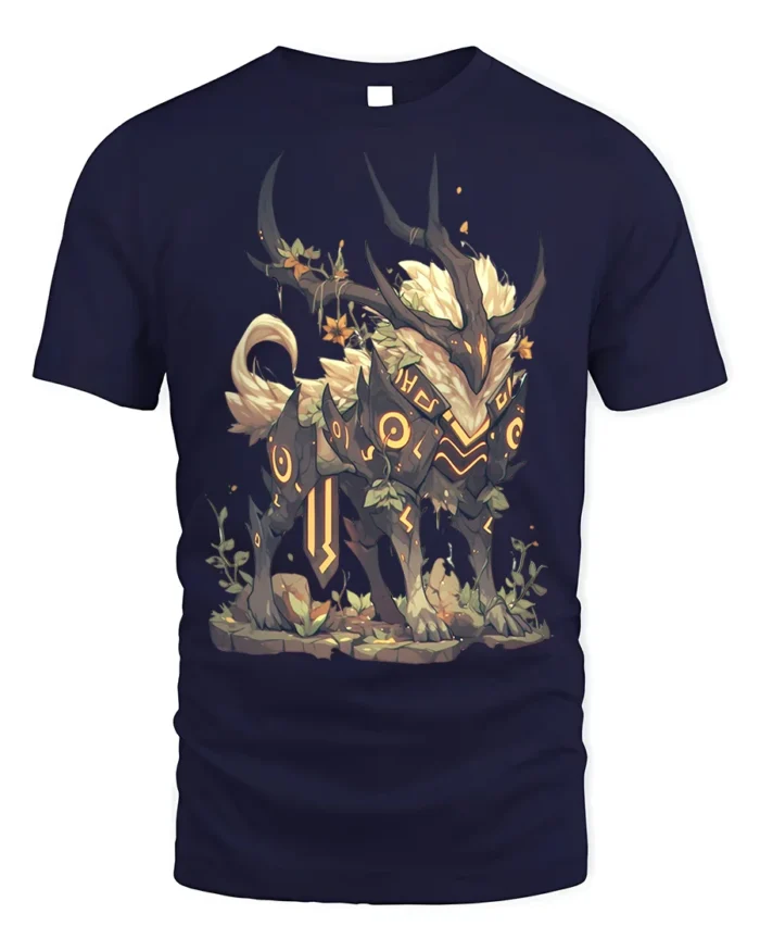 Mythic Forest Guardian Creature T-Shirt for Fantasy Lovers - navy t-shirt on white background