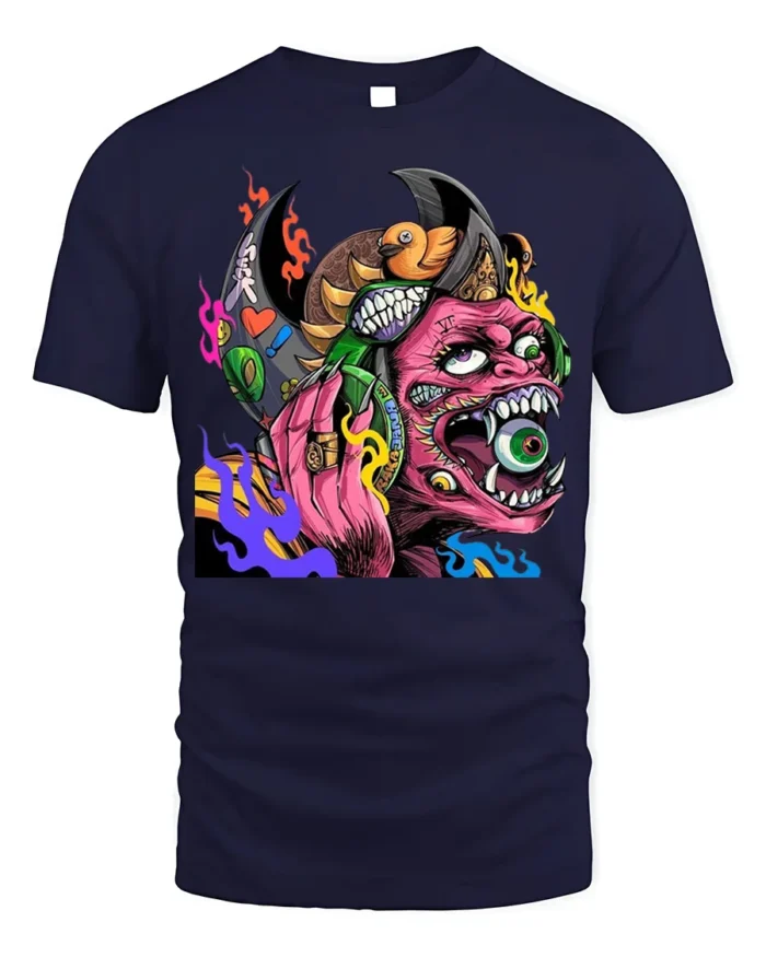 Psychedelic Monster T-Shirt with Eye-Popping Demon Art - navy t-shirt on white background