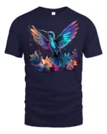 Vibrant Hummingbird and Flowers T-Shirt for Nature Lovers - navy t-shirt on white background