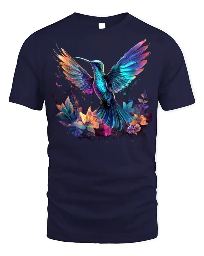 Vibrant Hummingbird and Flowers T-Shirt for Nature Lovers - navy t-shirt on white background