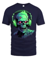 Neon Zombie Skull T-Shirt with Headphones Horror Design - navy t-shirt on white background