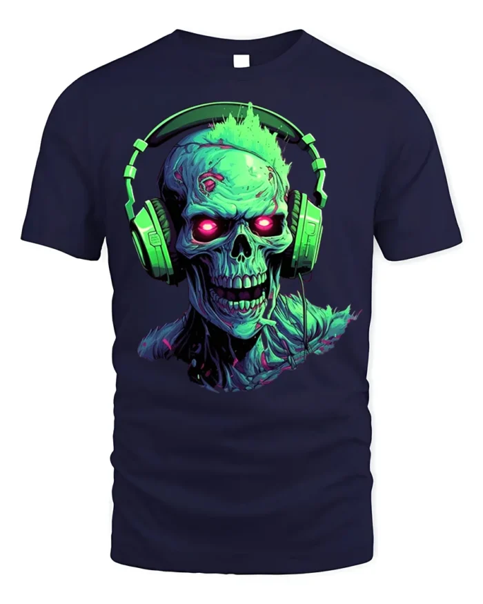 Neon Zombie Skull T-Shirt with Headphones Horror Design - navy t-shirt on white background