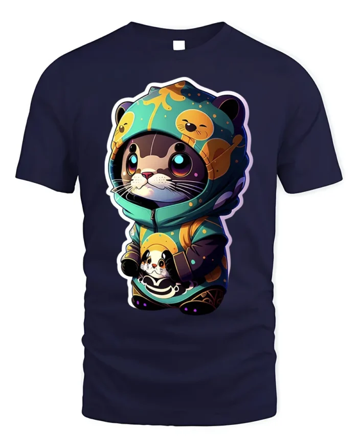 Cute Otter Hoodie T-Shirt with Cartoon Kawaii Animal Art - navy t-shirt on white background