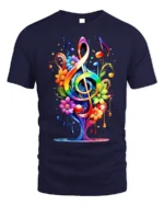 Rainbow Music Tree T-Shirt with Colorful Floral Notes - navy t-shirt on white background