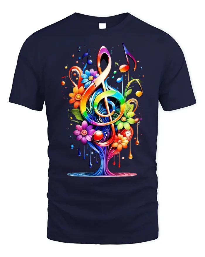 Rainbow Music Tree T-Shirt with Colorful Floral Notes - navy t-shirt on white background