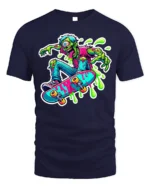 Zombie Skater T-Shirt with Neon Colors and Slime Graphic - navy t-shirt on white background