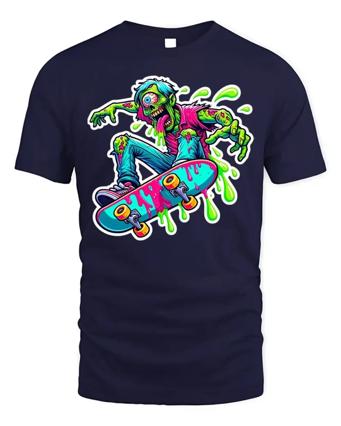 Zombie Skater T-Shirt with Neon Colors and Slime Graphic - navy t-shirt on white background