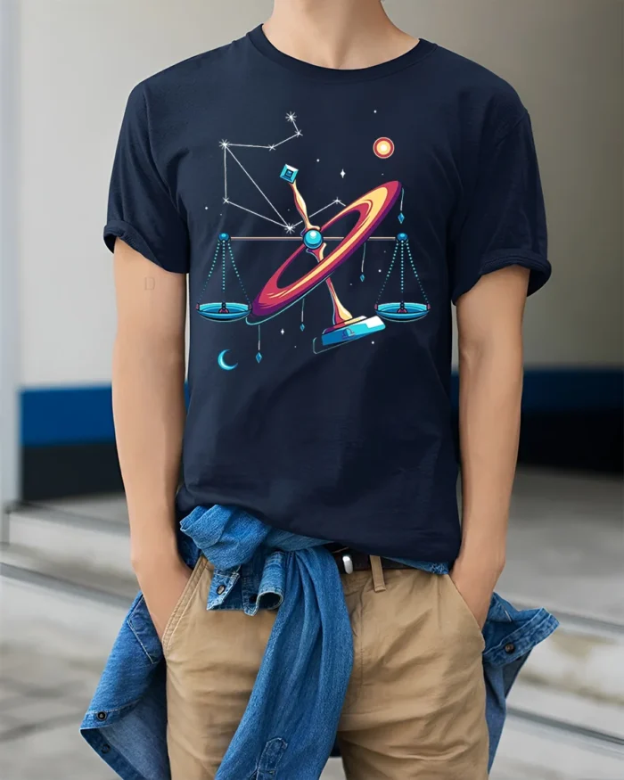 Libra Constellation Cosmic Balance Art T-Shirt Unisex - model wearing navy shirt, hands in pockets