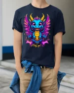 Cute Neon Baby Dragon T-Shirt with Colorful Wings Art - model wearing navy shirt, hands in pockets