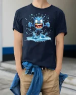 Crazy Splash Water Monster Cartoon Graphic T-Shirt Funny - model wearing navy shirt, hands in pockets